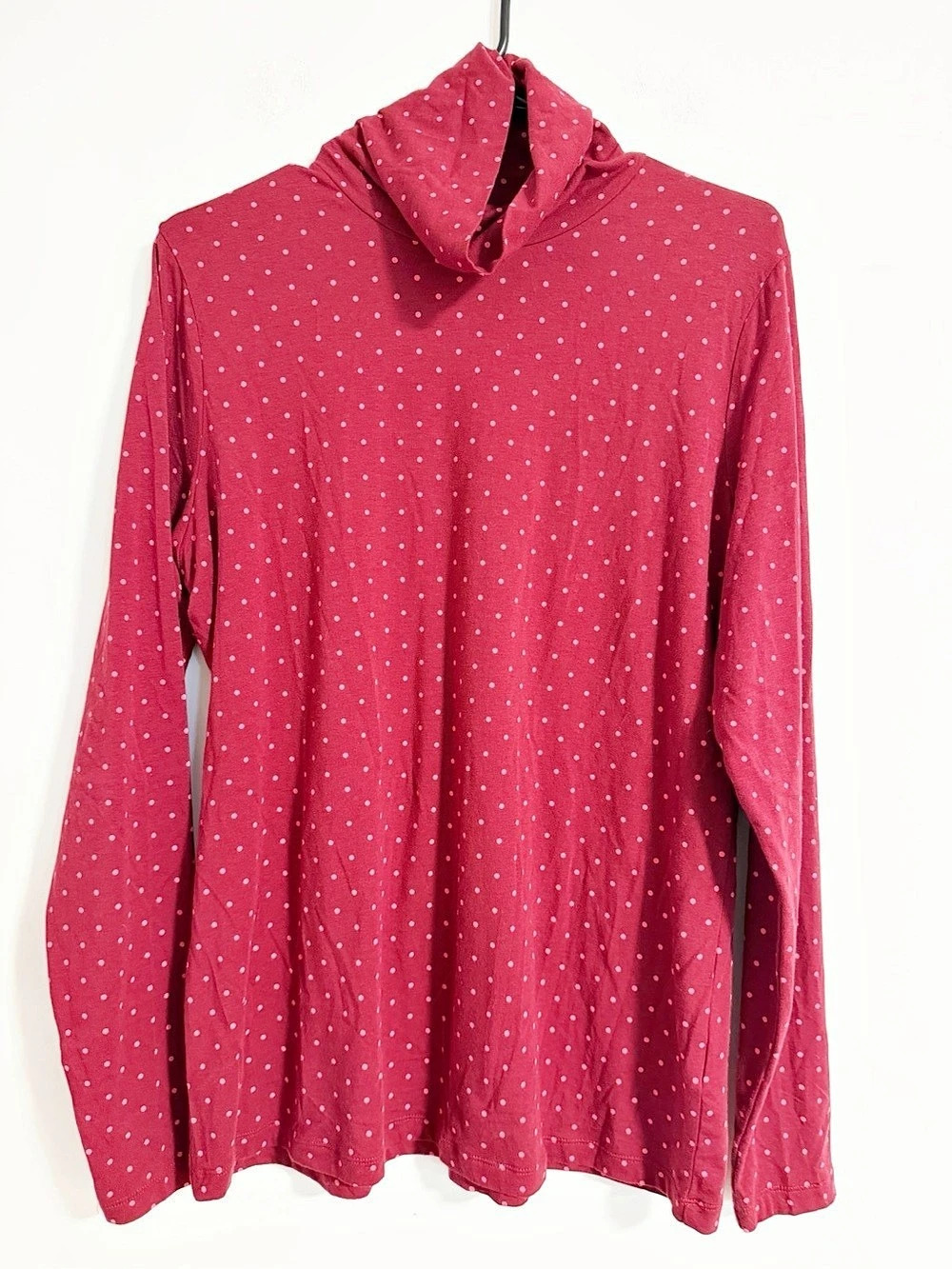 Lands' End Pink Polka Dot Cotton Blend Fitted Long Sleeve Turtleneck Top Large